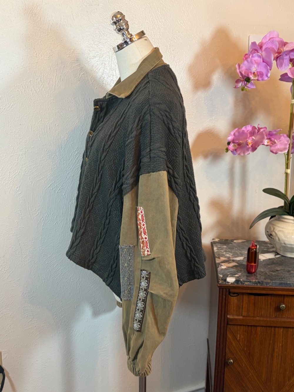 NWOT POL Oversized Cable Knit Patchwork Sleeve Button Jacket Olive Charcoal L - Picture 2 of 8